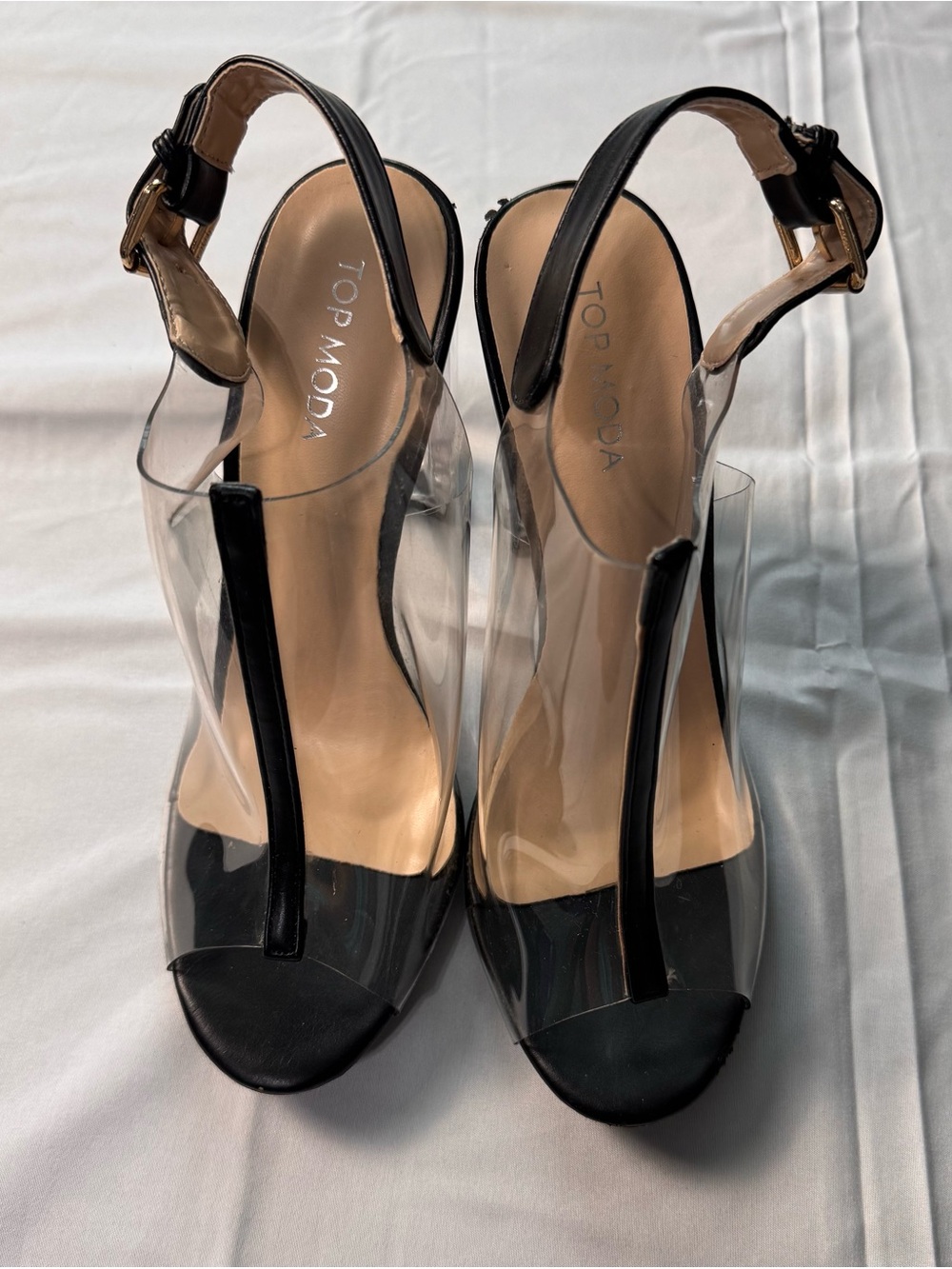 TOP Moda Black Clear T-Strap Slingback Heels